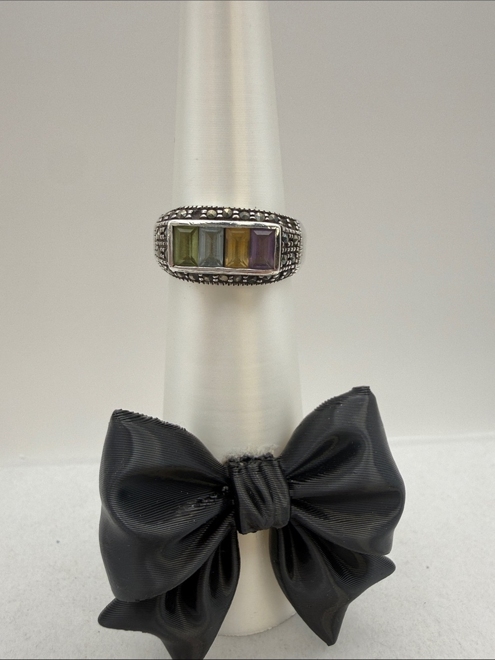 Vintage 925 Sterling Silver Multi-Gemstone & Marcasite Statement Ring - Size 8